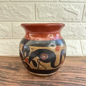 Tonalá Mexico Pottery Jar Heron Hand Painted Folk Art Ceramic 5” Vintage